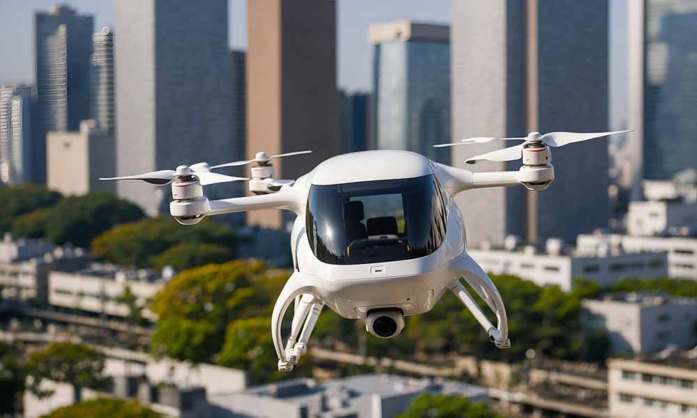 eVTOL flying in sunlight
