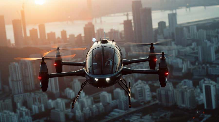 eVTOL (electric vertical take-off and landing) aircraft flying over city