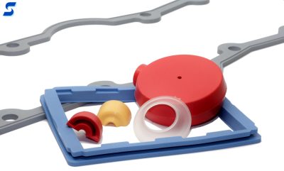 Red, gray, and blue injection molded solid silicone gaskets 