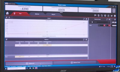 Universal testing software showing a compression stress curve, compressive strain, and displacement 
