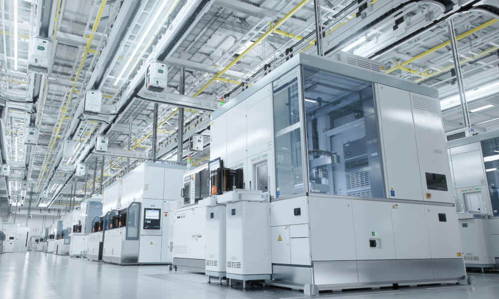 Semiconductor manufacturing equipment shown with rows of clean rooms